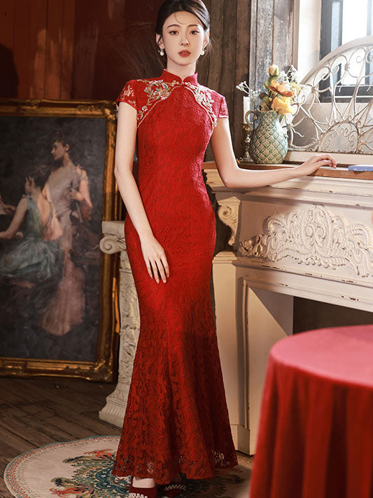 Red Lace Appliques Fishtail Bride Wedding Cheongsam Gown