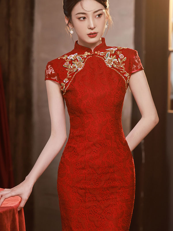 Red Lace Appliques Fishtail Bride Wedding Cheongsam Gown