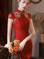 Red Lace Appliques Fishtail Bride Wedding Cheongsam Gown