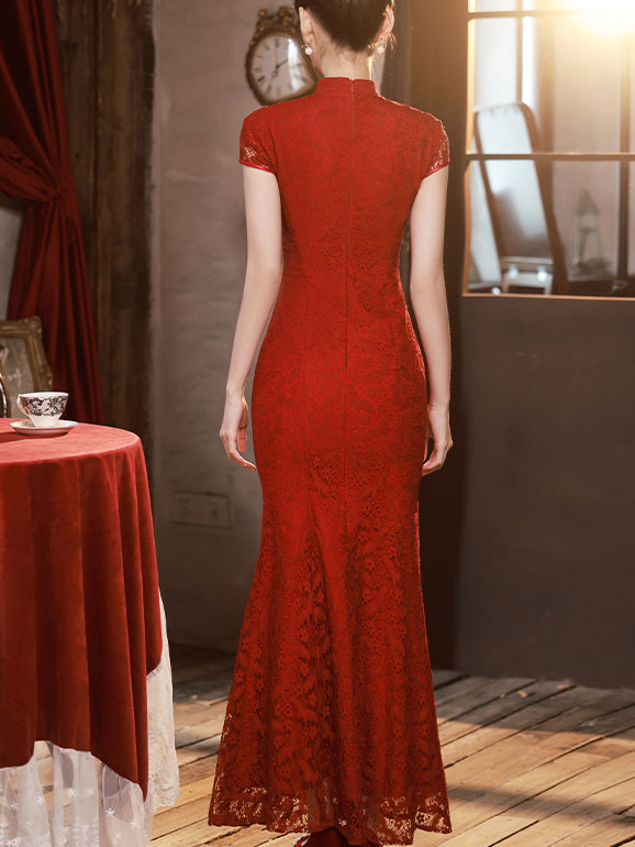 Red Lace Appliques Fishtail Bride Wedding Cheongsam Gown
