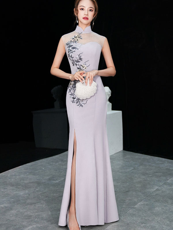 Gray Appliques Thigh Split Fishtail Qipao Cheongsam Dress