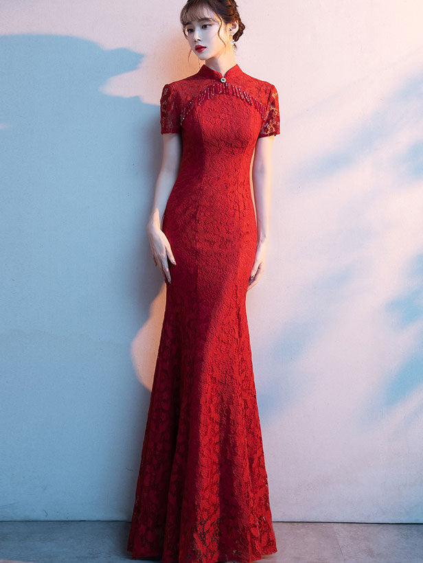 Red Lace Tassels Fishtail Bride Wedding Cheongsam Gown