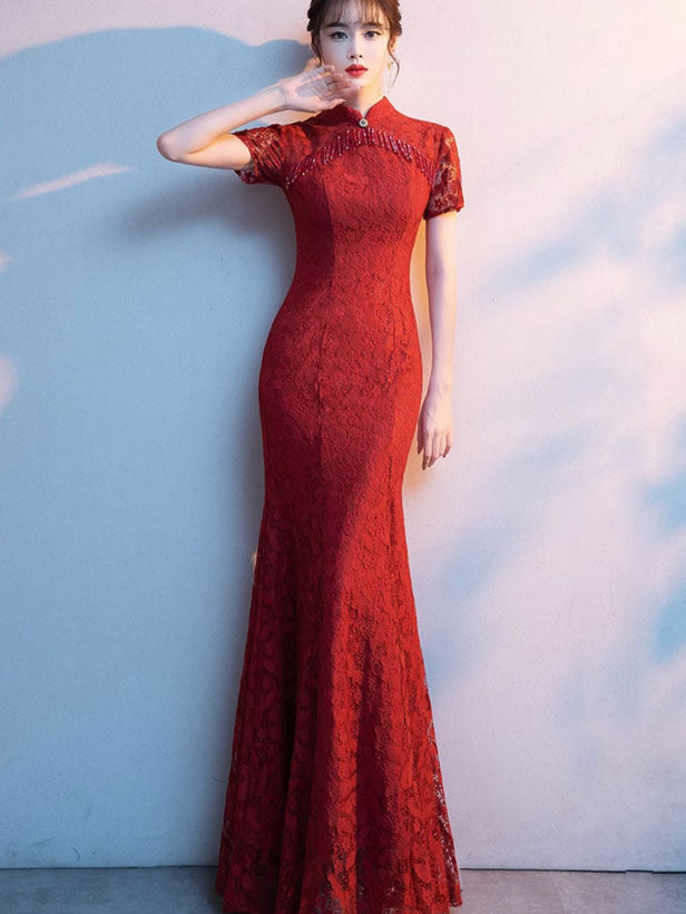 Red Lace Tassels Fishtail Bride Wedding Cheongsam Gown