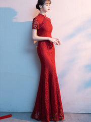 Red Lace Tassels Fishtail Bride Wedding Cheongsam Gown