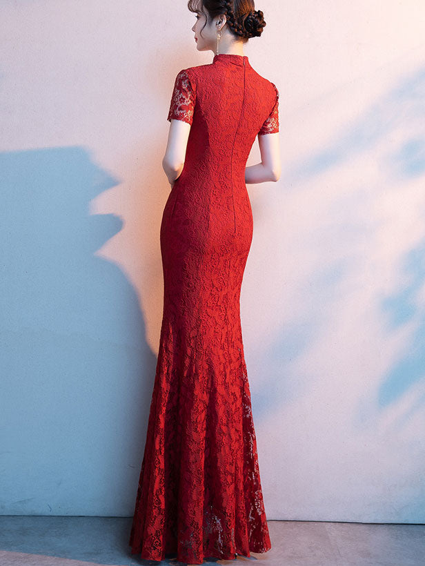 Red Lace Tassels Fishtail Bride Wedding Cheongsam Gown