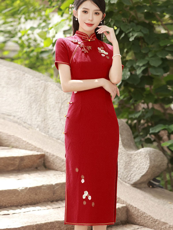 Red Embroidered Jacquard Midi Wedding Bride Cheongsam Dress
