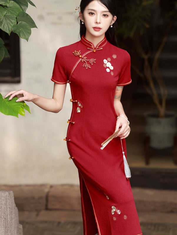 Red Embroidered Jacquard Midi Wedding Bride Cheongsam Dress