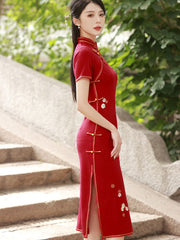 Red Embroidered Jacquard Midi Wedding Bride Cheongsam Dress