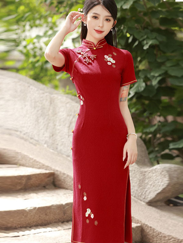 Red Embroidered Jacquard Midi Wedding Bride Cheongsam Dress