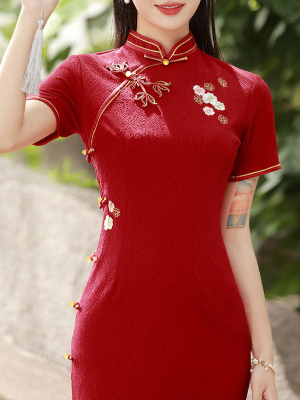 Red Embroidered Jacquard Midi Wedding Bride Cheongsam Dress