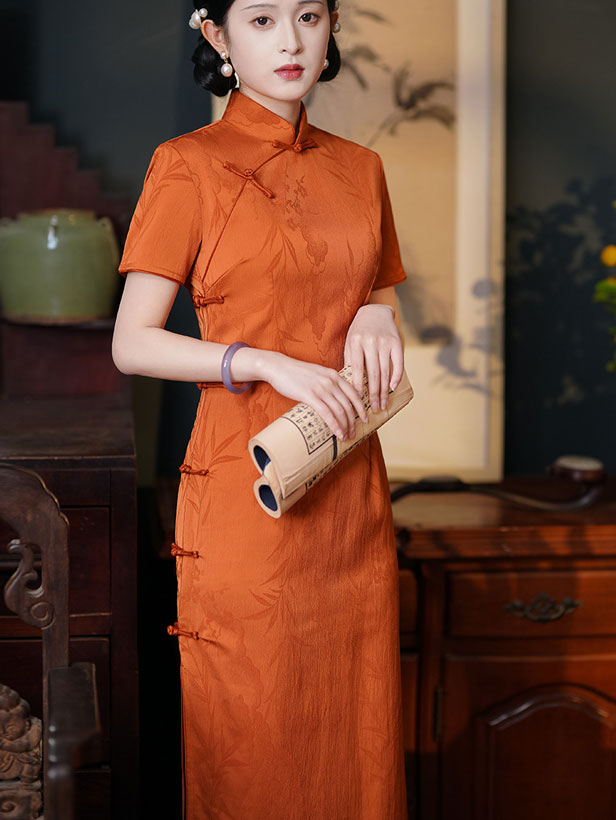 Orange Jacquard Silk Midi Qipao Cheongsam Dress