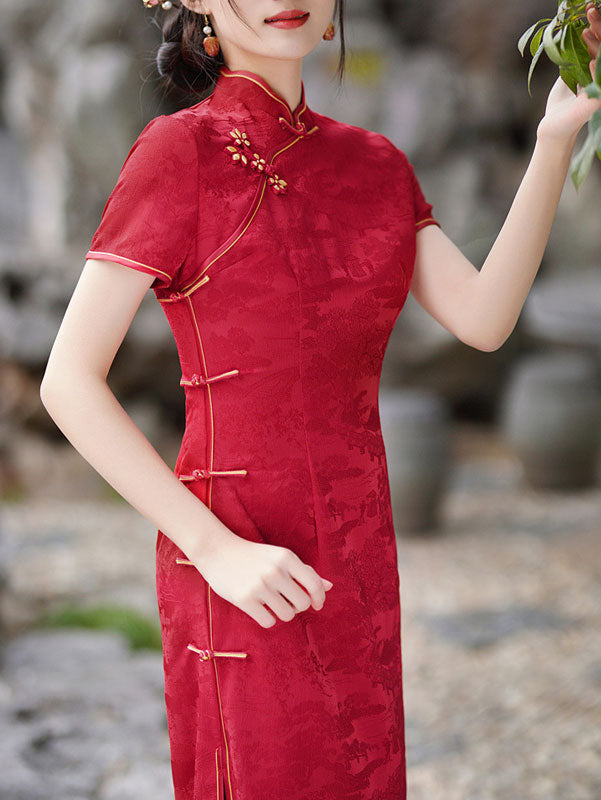 White Red Jacquard Maxi Qipao Cheongsam Dress