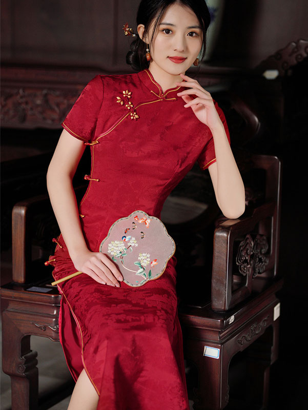 White Red Jacquard Maxi Qipao Cheongsam Dress