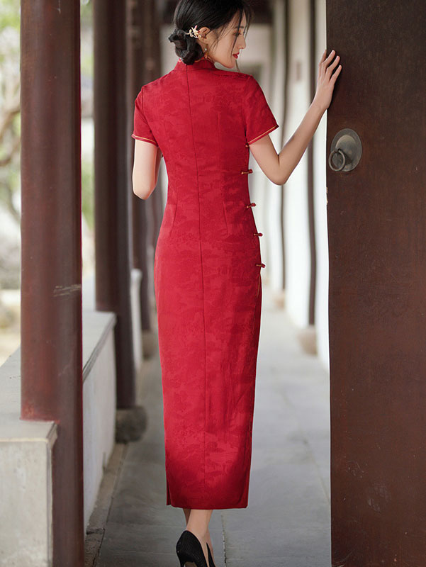 White Red Jacquard Maxi Qipao Cheongsam Dress