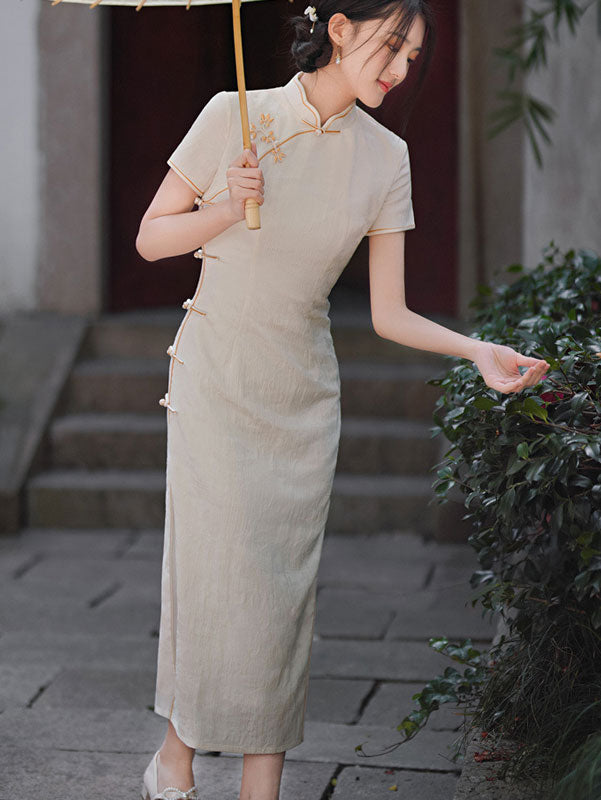 White Red Jacquard Maxi Qipao Cheongsam Dress