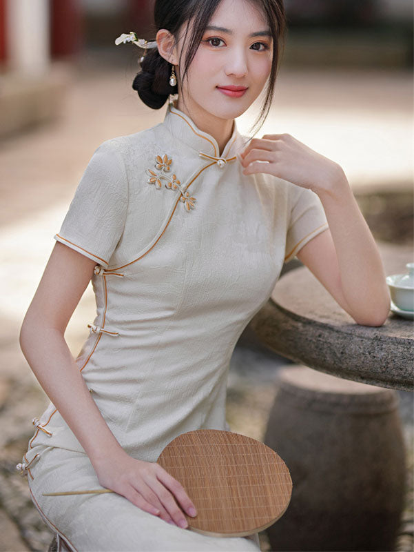 White Red Jacquard Maxi Qipao Cheongsam Dress