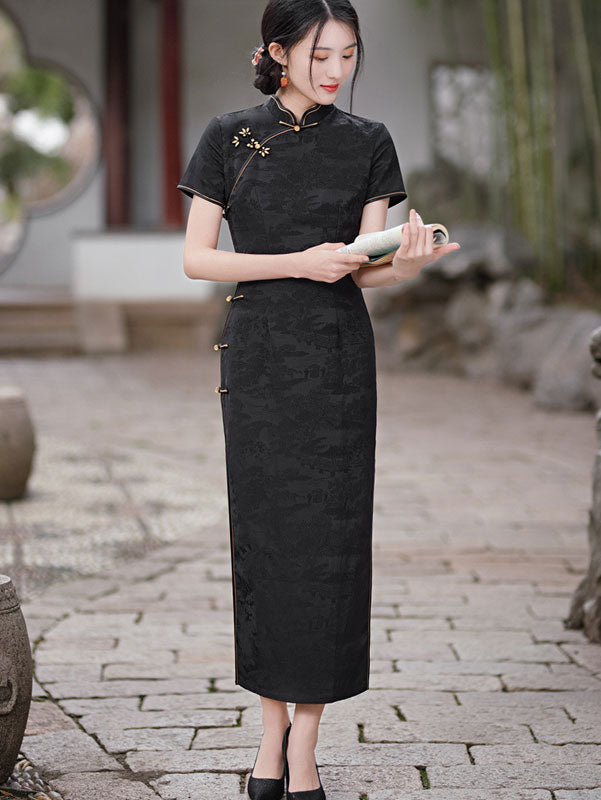 White Red Jacquard Maxi Qipao Cheongsam Dress