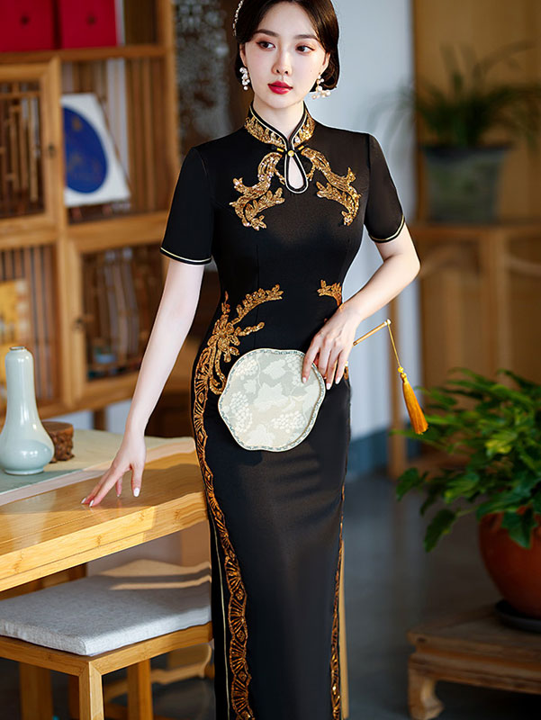 Black Red Mothers Appliques Maxi Qipao Cheongsam Dress