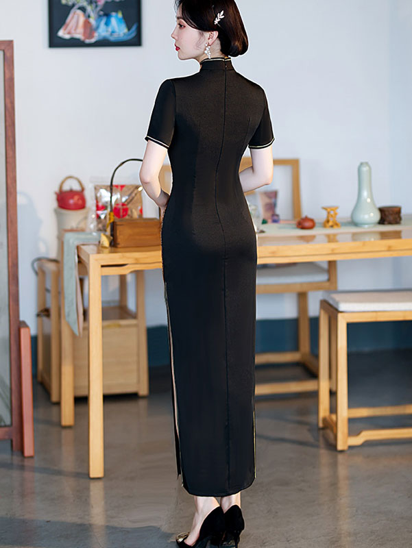 Black Red Mothers Appliques Maxi Qipao Cheongsam Dress
