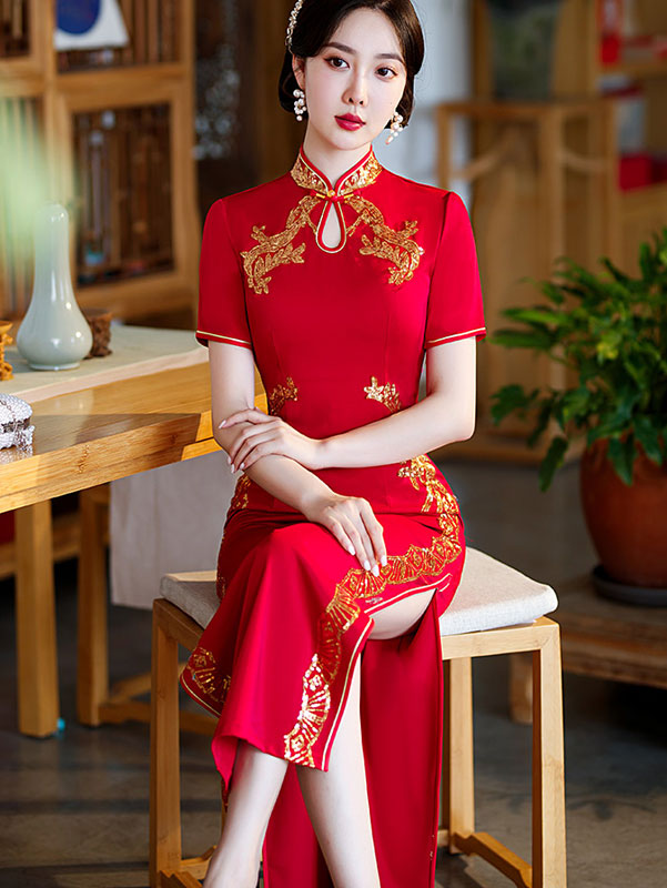 Black Red Mothers Appliques Maxi Qipao Cheongsam Dress