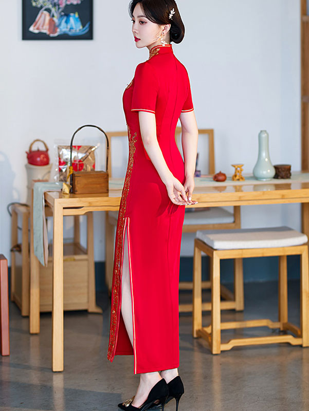 Black Red Mothers Appliques Maxi Qipao Cheongsam Dress