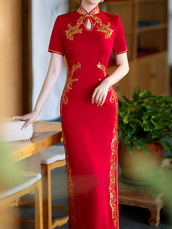 Black Red Mothers Appliques Maxi Qipao Cheongsam Dress
