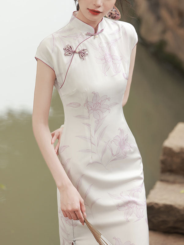 Purple Floral Print Maxi Cheongsam Qipao Dress