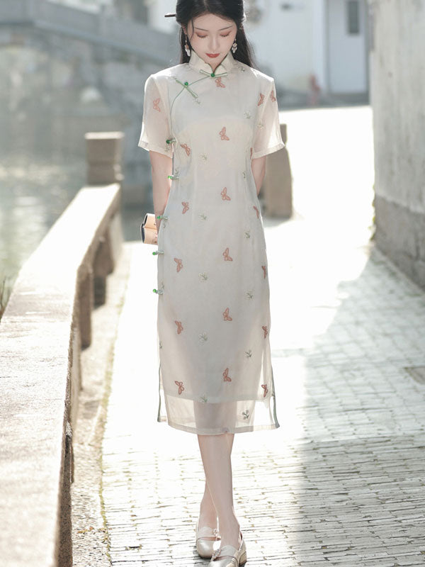 White Embroidered Butterfly Cheongsam Qipao Dress