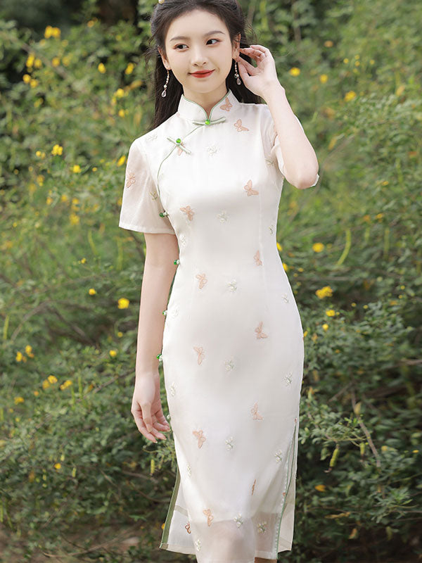White Embroidered Butterfly Cheongsam Qipao Dress