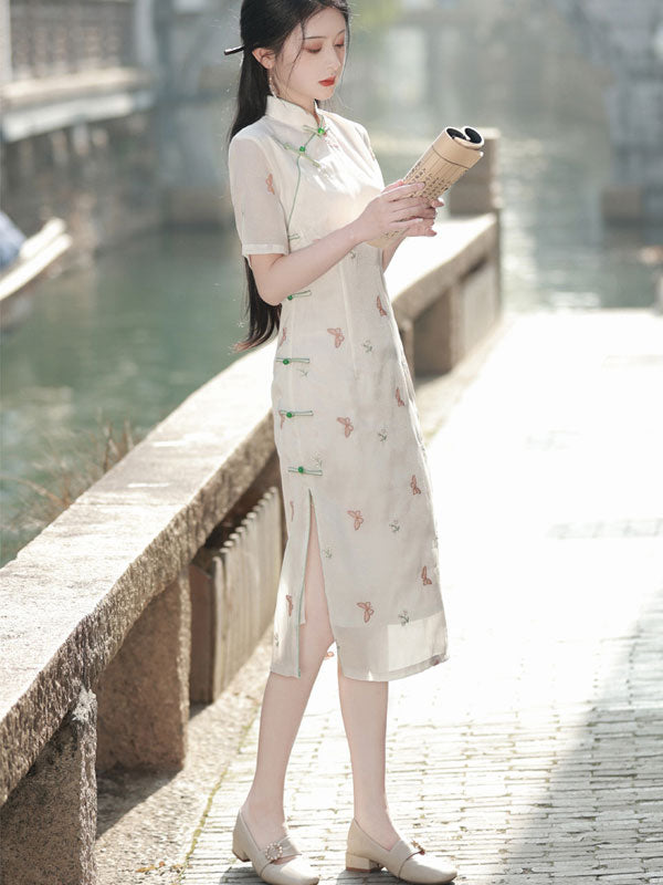 White Embroidered Butterfly Cheongsam Qipao Dress