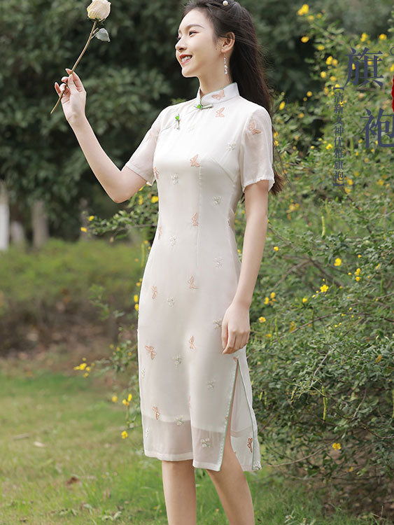 White Embroidered Butterfly Cheongsam Qipao Dress