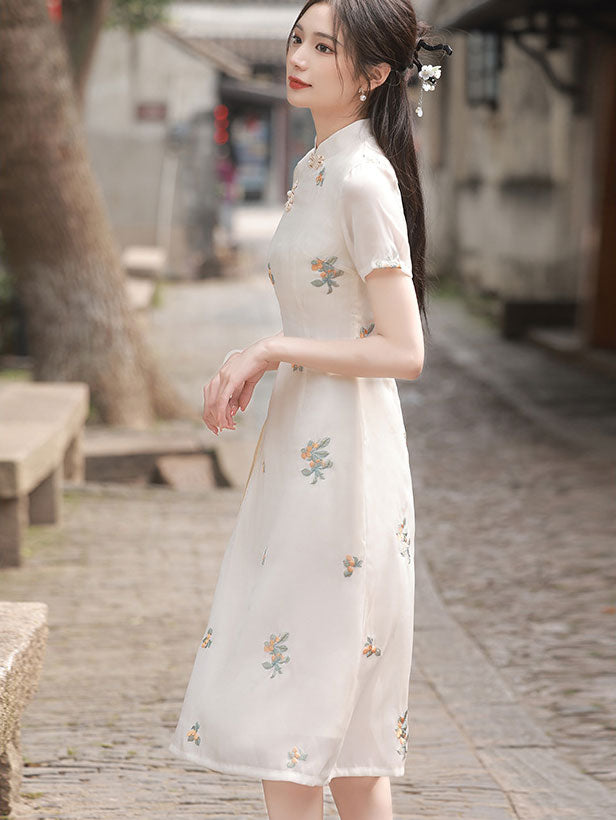 Beige Embroidered Mid A-Line Cheongsam Qipao Dress