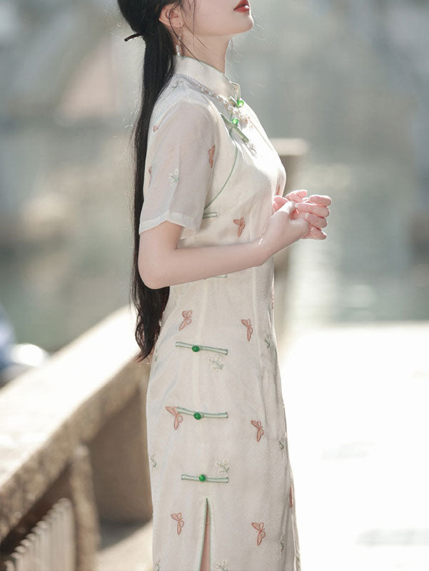 White Embroidered Butterfly Cheongsam Qipao Dress