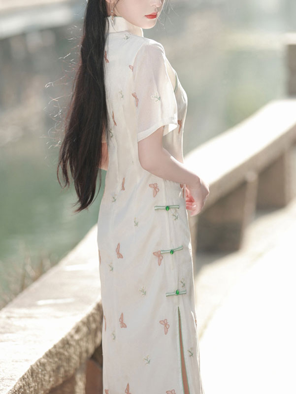 White Embroidered Butterfly Cheongsam Qipao Dress