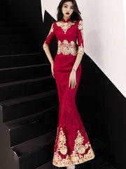 Red Lace Appliques Fishtail Bride Wedding Cheongsam Gown