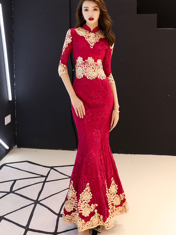 Red Lace Appliques Fishtail Bride Wedding Cheongsam Gown