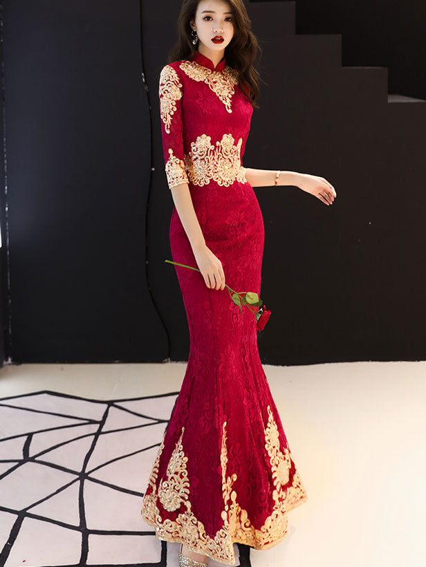 Red Lace Appliques Fishtail Bride Wedding Cheongsam Gown