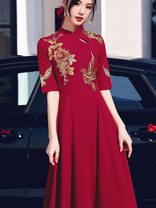 Burgundy A-Line Full Length Wedding Qipao Cheongsam Dress