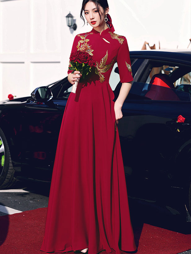 Burgundy A-Line Full Length Wedding Qipao Cheongsam Dress