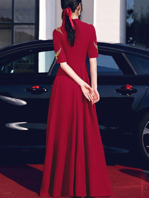Burgundy A-Line Full Length Wedding Qipao Cheongsam Dress