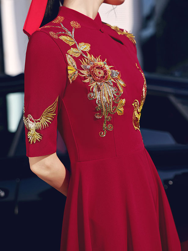 Burgundy A-Line Full Length Wedding Qipao Cheongsam Dress
