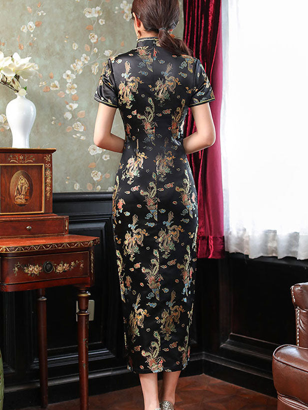 Jacquard Dragon Phoenix Thigh Split Cheongsam Qipao Dress