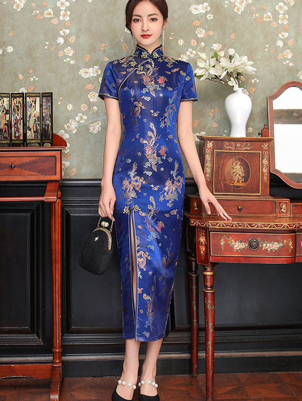 Jacquard Dragon Phoenix Thigh Split Cheongsam Qipao Dress