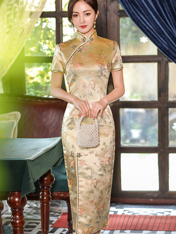 Jacquard Dragon Phoenix Thigh Split Cheongsam Qipao Dress