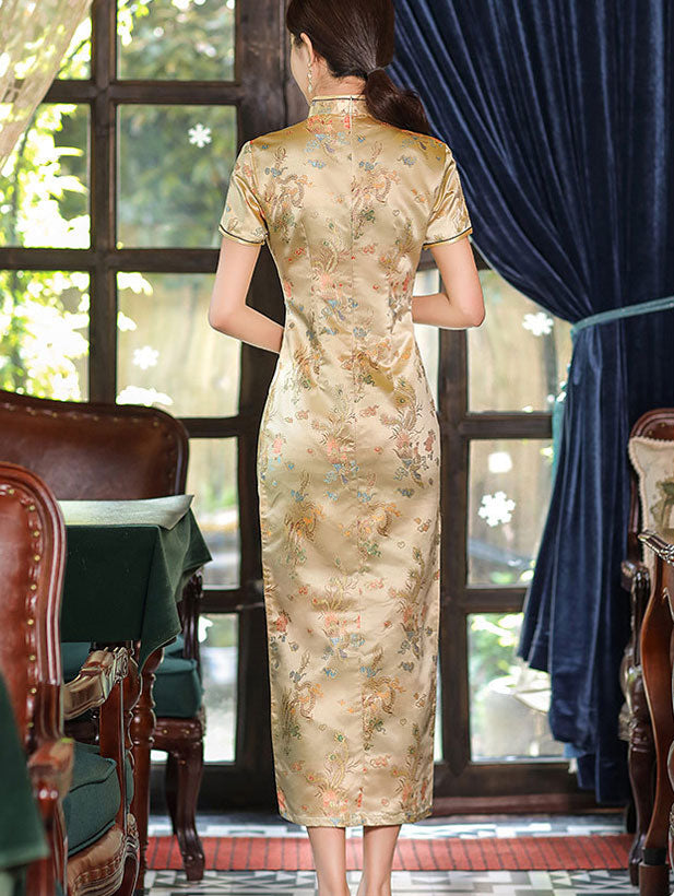 Jacquard Dragon Phoenix Thigh Split Cheongsam Qipao Dress