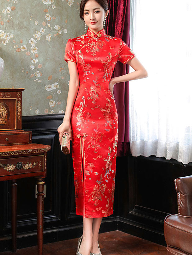 Jacquard Dragon Phoenix Thigh Split Cheongsam Qipao Dress