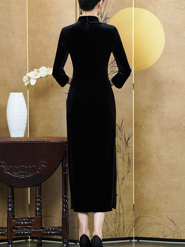 Color Block Jacquard Velvet Winter Cheongsam Qipao Dress