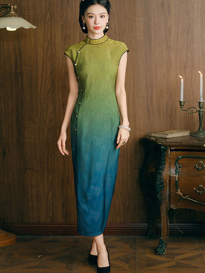 Gradient Green Jacquard Cheongsam Qipao Dress