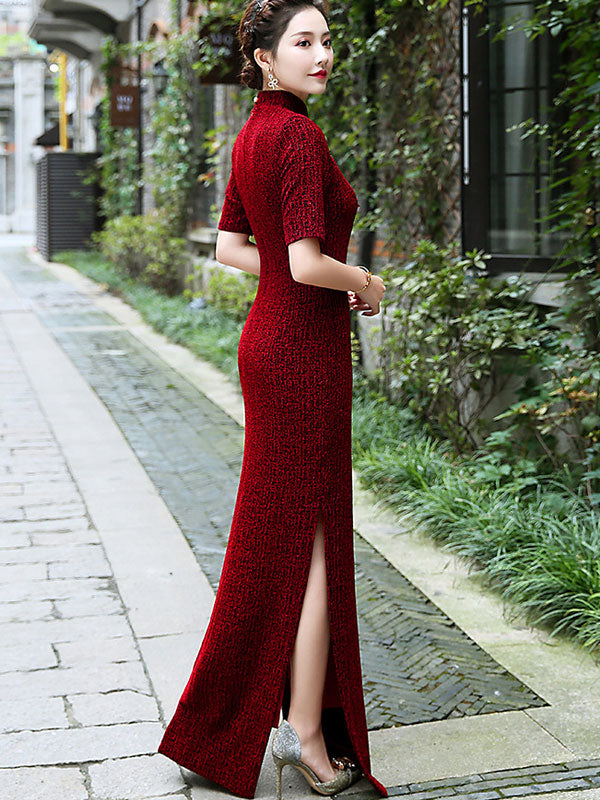 Burgundy Stretchy Bodycon Mothers Cheongsam Qipao Dress 