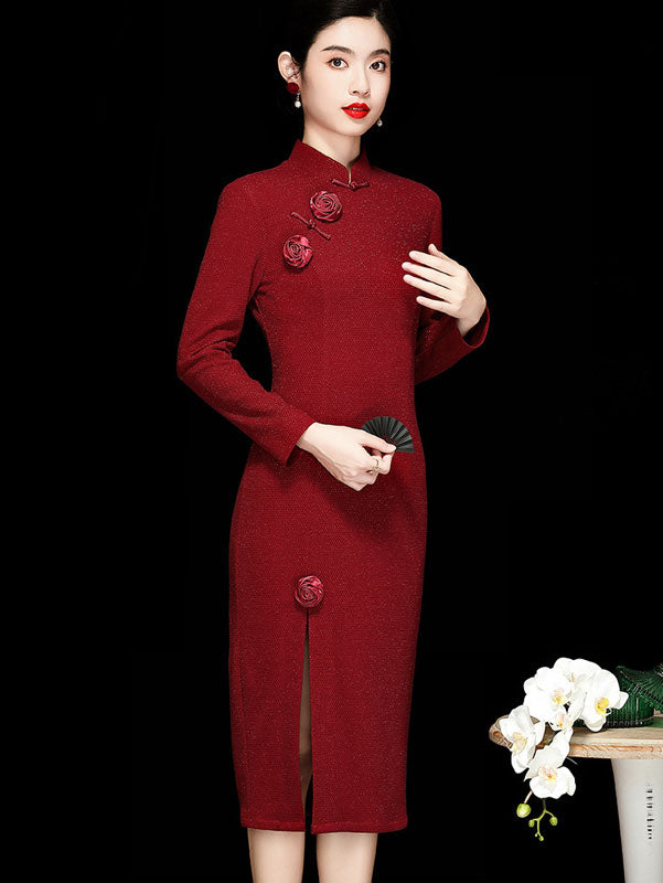 Red Shimmery Knit Split Winter Midi Qipao Cheongsam Dress